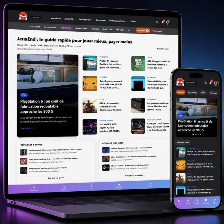 Interface JeuxEnd, site e-commerce gaming